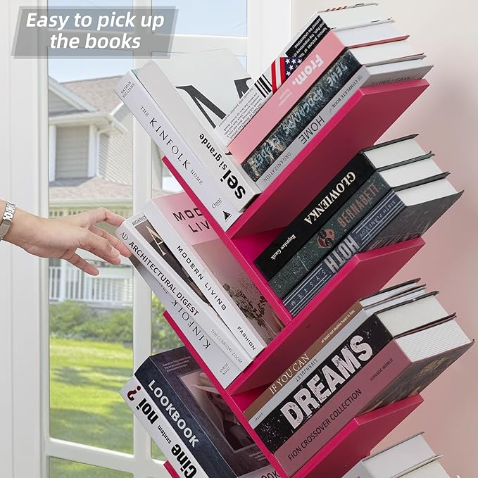 8 Tier Tree Bookshelf with Drawer, Free Standing Wood Bookcase for Narrow Space, Storage Organizer Bookshelves for Books, Book Case for Home Office, Living Room, Bedroom - Pink