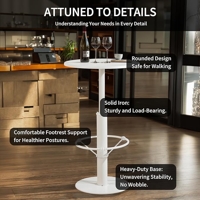 42" Tall Modern Industrial Bar Table-23.6" Dia Round Metal Top Standing Pub Cocktail Bistro Table-Indoor Outdoor Patio-Commercial Grade, Heavy Duty (White)