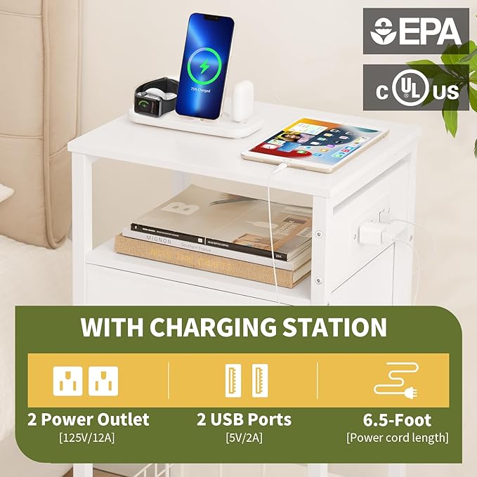 Yoobure Side Table - Night Stand with Charger Station & LED Light, 3 Tier Small End Table Living Room, Bedside Table with Drawer, Record Player Stand with Vinyl Storage, White Nightstand for Bedroom