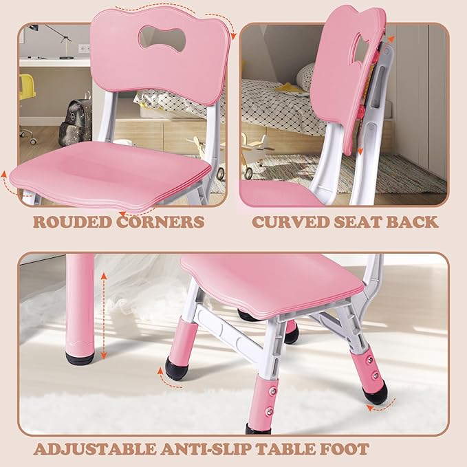 Kids Table and 2 Chairs Set, Height Adjustable Toddler Study Table and Chair Set, Kid Size for Ages 3-8 Children, Graffiti Desktop, Easy to Wipe/Arts & Crafts, Homes/Classrooms/Daycare (Pink)