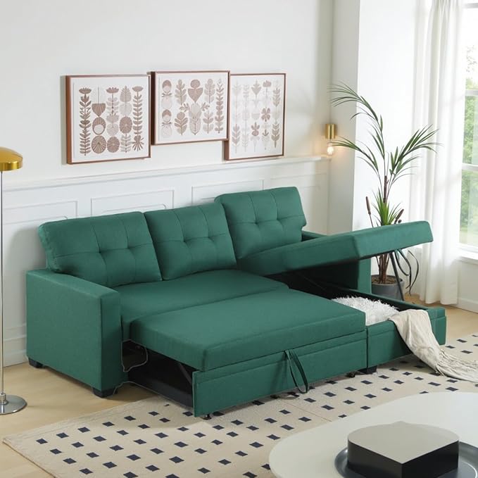 L-Shape Sofa Bed, 82" Sectional Couch with Storage Chaise, Pull Out Sleeper Sofa with Removable Back Cushions, Convertible Corner Couch for Living Room Apartment, Green
