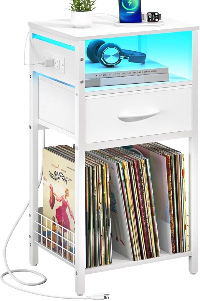 Yoobure Side Table - Night Stand with Charger Station & LED Light, 3 Tier Small End Table Living Room, Bedside Table with Drawer, Record Player Stand with Vinyl Storage, White Nightstand for Bedroom