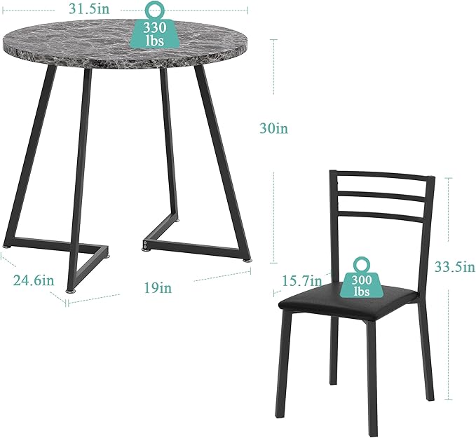 VECELO Small Round Dining Table Set for 2, Wood Tabletop with Strong Metal Frame, Modern Dinette with Chairs for Kitchen, Breakfast Nook Living Room, Faux Marbled & Grey