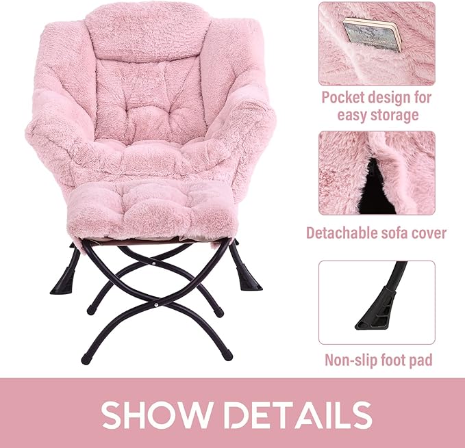 LITA Lazy Chair with Ottoman, Modern Accent Leisure Upholstered Sofa, Contemporary Lounge Reading Chair with Armrests and a Side Pocket for Living Room, Bedroom & Small Spaces, Plush Pink