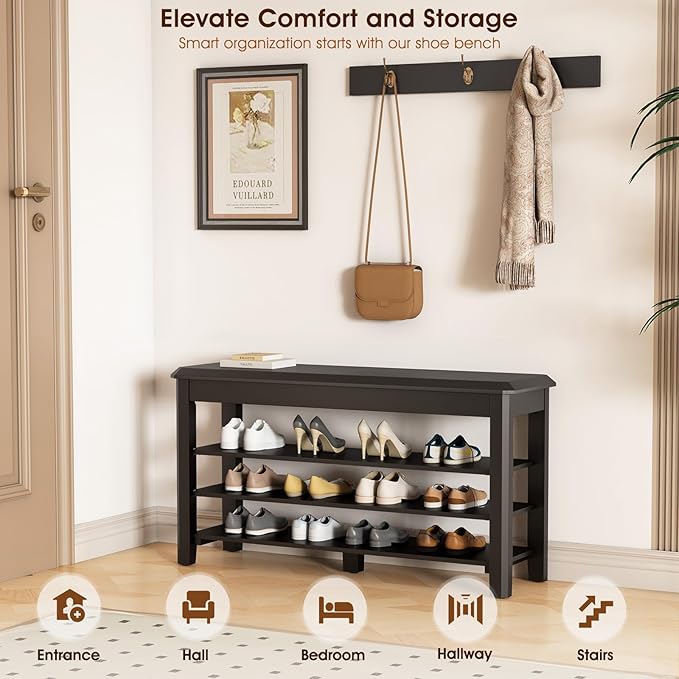 Shoe Rack Bench Seat Rubberwood 3-Tier Wooden Storage Bench 550lbs Compact Mid-Century Modern Design for Entryway, Hallway, Closet, Front Door Entrance, Foyer