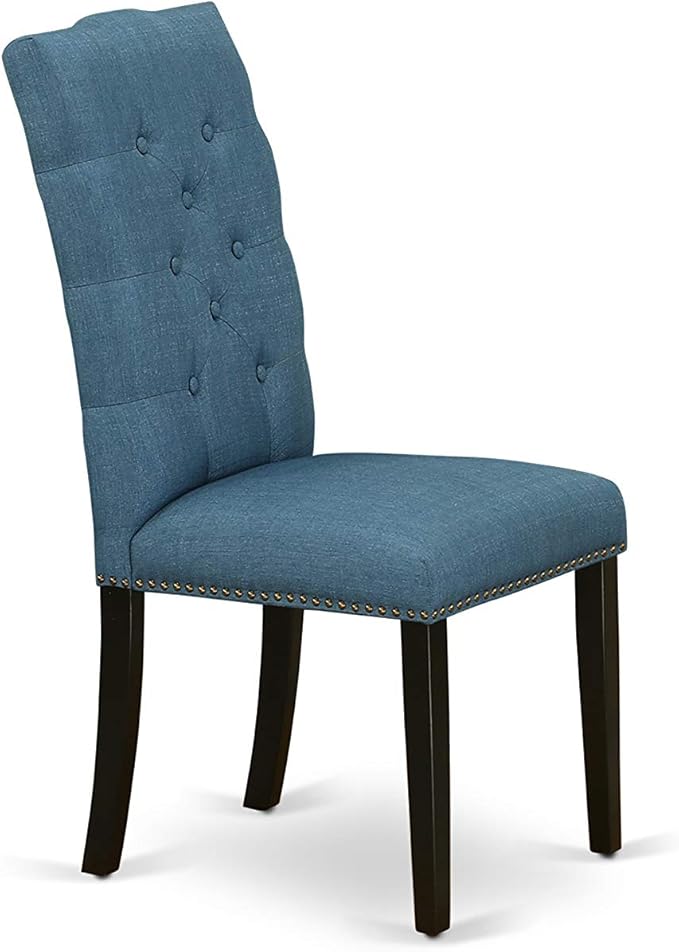East West Furniture ELP1T21 Elsa Parson Kitchen Chairs - Button Tufted Nailhead Trim Blue Linen Fabric Upholstered Dining Chairs, Set of 2, Black