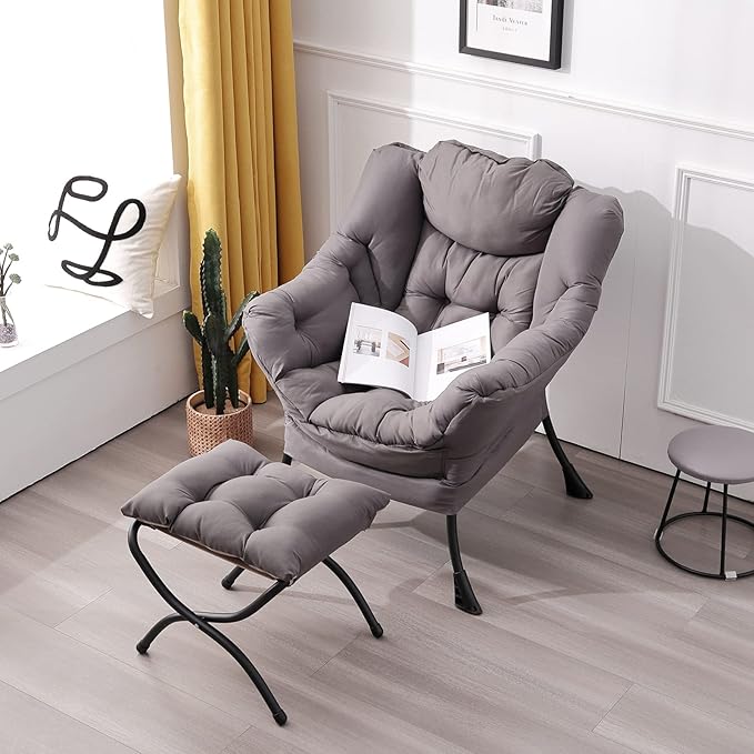 LITA Lazy Chair with Ottoman, Modern Accent Leisure Upholstered Lazy Sofa Armchair, Contemporary Lounge Reading Chair with Armrests and a Side Pocket for Living Room, Bedroom & Small Space, Dark Grey