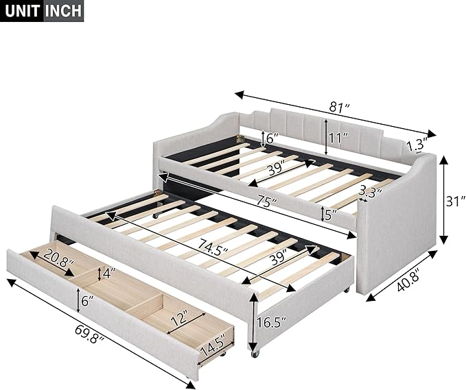 Twin Size Upholstered Daybed with Trundle and Three Lower Drawers,Linen Sofa Bed for Apartment Living Room Guest Room,Solid Wood Trundle Day Bed Frame, No Box Spring Needed,Beige