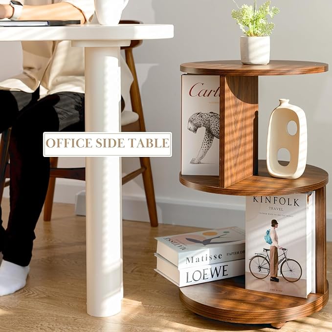 KAYMILY Living Room Side Table, Office Round Rotating End Table, Bedroom Mid Century Modern Nightstands, Contemporary Accent Tables - Easy Assembly - MDF Wood - Revolving - Walnut
