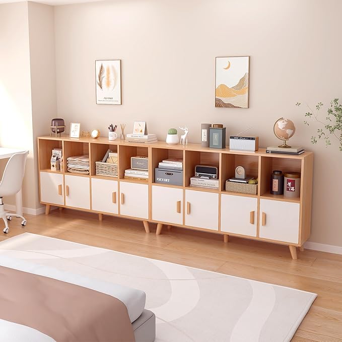 Cubby Shelf Bookcase with Doors - Wooden 8 Cube Floor Standing Open Bookshelf with Solid Wood Legs, 2-Tier Low Storage Cabinet, Oak and Warm White