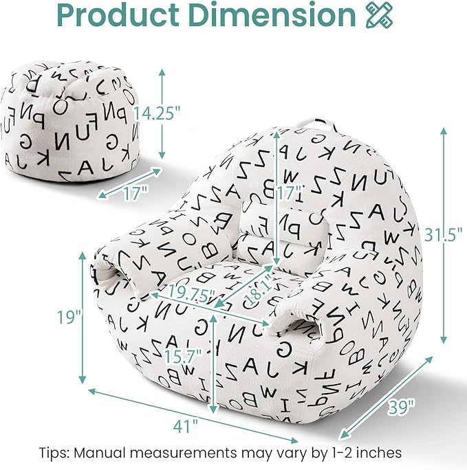 DAICO Bean Bag Chairs for Adults Comfy Accent Chair with Ottoman Floor Sofa Beanbag Couch with Armrests White Single Lazy Sofas with Foam for Living Room Reading Bedroom Gaming (Letter Pattern)