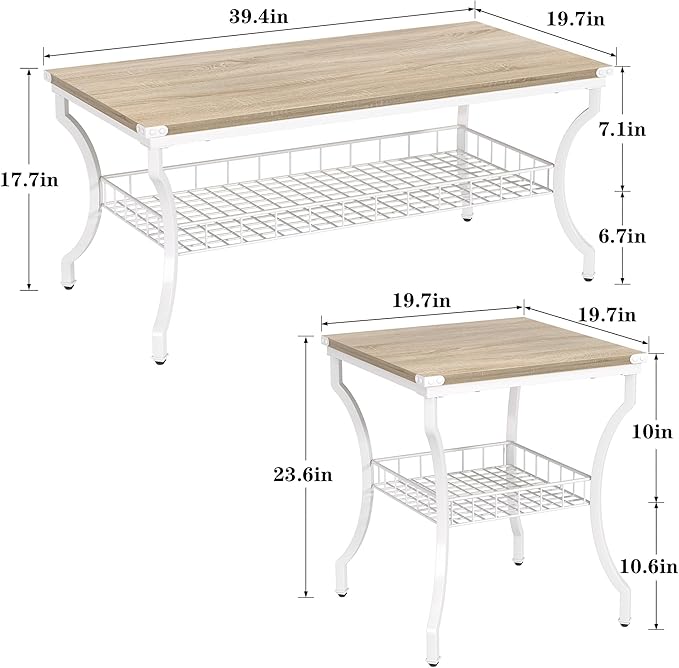 VECELO 3 Pieces Living Room Table Sets, Coffee and End Tables with Open Storage Shelves for Apartment, Home Office, Small Space, Easy Assembly, White Oak