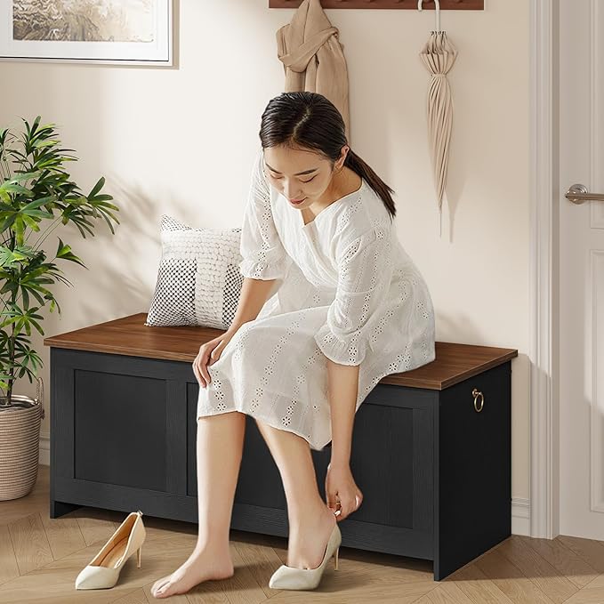 HOOBRO Storage Bench, 43.3" Retro Wooden Storage Chest, Wooden Storage Trunk, Toy Chest with Lift Top, Multifunctional Entryway Organizer, for Entryway, Living Room, Black and Walnut BH411CW01