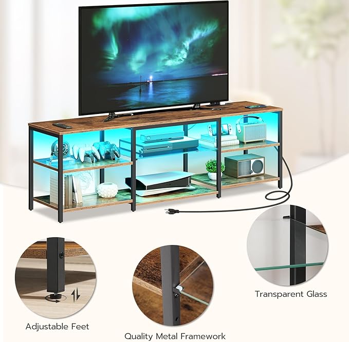 HOOBRO LED TV Stand for 75 Inch TVs with Charging Station, Gaming Entertainment Center with Open Storage, Media TV Console Table, TV Stand for Living Room, Bedroom, Rustic Brown and Black BF21UDDS01