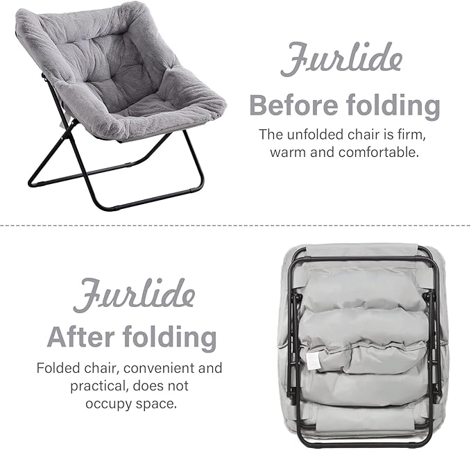 Comfy Dorm Chair - Oversized Folding Saucer Chair with Soft Faux Fur, Metal Frame, for Bedroom, Living Room, Balcony, Patio, Study, Playroom (Grey)
