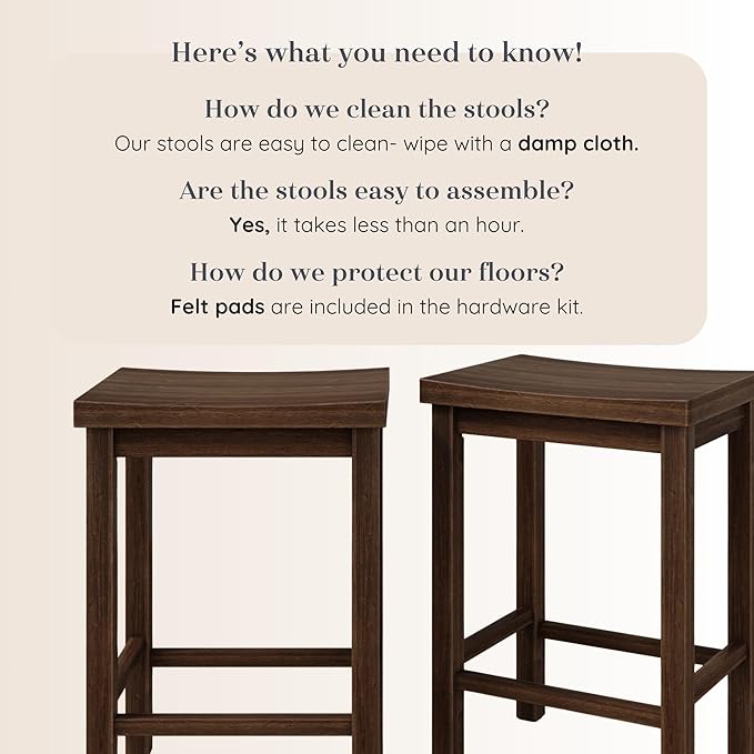 Grain & Grove Smith Collection Set of 2 Solid Wood Counter Height Bar Stools, 24-Inch Saddle Seat Backless Stools, Ideal for Kitchen Island, Dining, or Home Bar Seating, Walnut