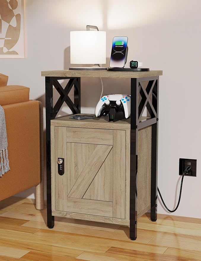 Wooden Nightstand with Lock, Bed Side Table with Drawers, Bedside Table with Charging Station, 3 USB & 2 Outlets, Night Stand with Storage, End Tables for Living Room, Bedroom, Greige