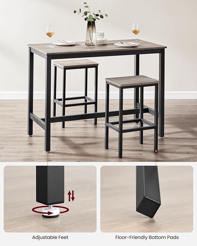 VASAGLE Bar Table Set, Bar Table with 2 Bar Stools, Dining table set, Kitchen Counter with Bar Chairs, Industrial for Kitchen, Living Room, Party Room, Greige and Black ULBT015B02