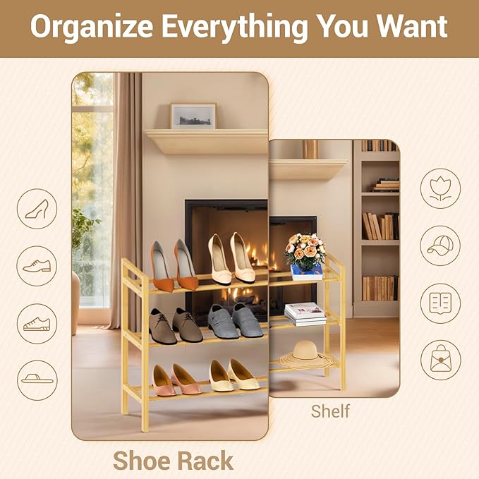 Haddockway Bamboo Shoe Rack for Closet, Free Standing Shoe Organizer with Smooth Round Rods & Convenient Handles, Stackable Shoe Storage Shelf for Entryway, Hallway(Natural, 3-Tier)
