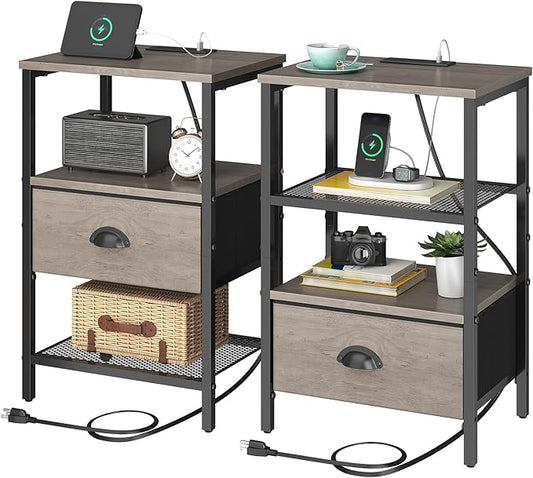 Nightstands Set of 2, Night Stands with Charging Station and Fabric Drawer, Grey Bedside Tables with Drawer, 2- Tier Side Table with Storage, Nightstands with Charging Station,Grey