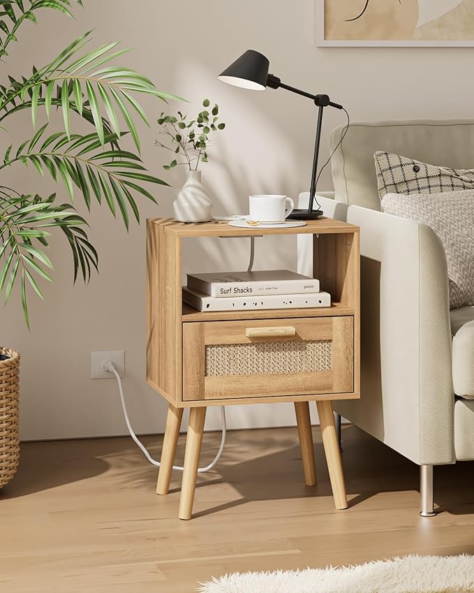 Rattan Nightstand with Charging Station, Small Night Stand, Side Table with Drawer Open Shelf, Cane Accent Bedside End Table with Wood Legs, Modern Nightstand for Bedroom, Oak (Modern)