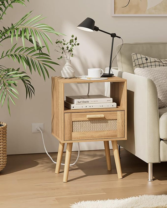 Rattan Nightstand with Charging Station, Small Night Stand, Side Table with Drawer Open Shelf, Cane Accent Bedside End Table with Wood Legs, Modern Nightstand for Bedroom, Oak (Modern)