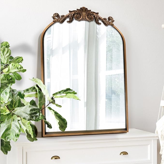 WAMIRRO Antique Mirror,Gold Traditional Vintage Ornate Baroque Arched Brass Wall Mounted Mirrors for Entryway/Fireplace/Living Room/Hallway/Bathroom 19"X27"