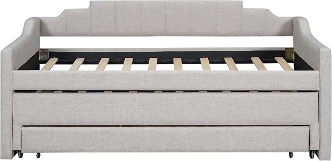 Twin Size Upholstered Daybed with Trundle and Three Lower Drawers,Linen Sofa Bed for Apartment Living Room Guest Room,Solid Wood Trundle Day Bed Frame, No Box Spring Needed,Beige