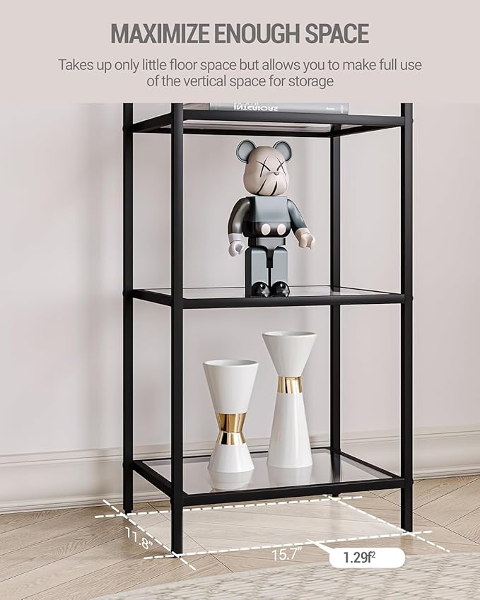 Bookcase Bookshelf, Tempered Glass Bookshelves, Slim Shelving Unit for Bedroom, Bathroom, Home Office, Steel Frame, 5 Tier Black BC05001B