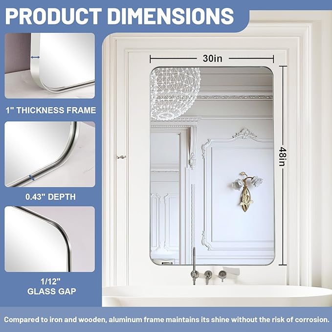 Silver Wall Mirror, 30x48 Inch Rounded Rectangle Vanity Mirror for Bathroom, Anti-Rust, Shatterproof, Farmhouse Wall Mounted Horizontal/Vertical