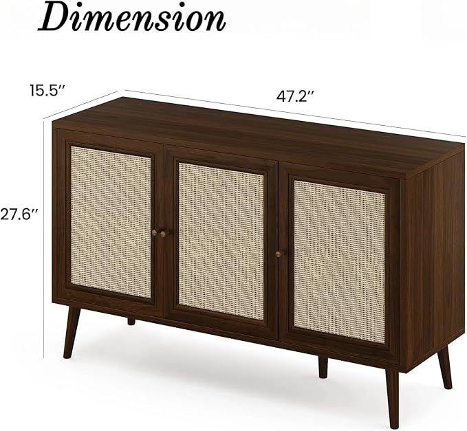 Rattan Entryway Table, Entertainment Center with Adjustable Shelf, Sideboard Buffet Cabinet with 3 Rattan Doors, Modern Console Cabinet with Large Storage for Living Room, Kitchen, Dark Brown