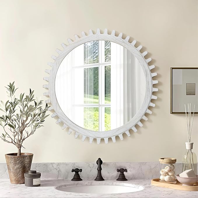 ULIKE Round Wood Mirror, 30 Inch Rustic Farmhouse Circle Mirror with Wooden Frame, Mordern Wall Decor for Bathroom Nursery Bedroom Living Room Entryway, White