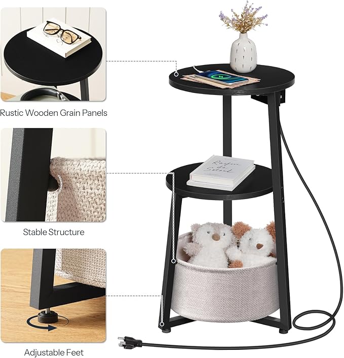 HOOBRO Small Round Side Table with Charging Station, Round End Accent Table with Fabric Storage Basket, Compact Circle Nightstand for Small Space in Living Room, Bedroom, Black BB169UBZ01