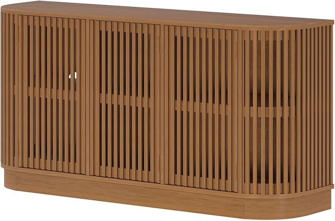 Plank+Beam Contour Wood TV Stand, Three Door Solid Wood Entertainment Console with Storage, 59" L x 16" W x 30" H, Pecan