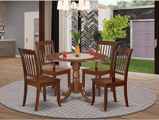 East West Furniture DLDA5-MAH-W 5 Piece Dining Set Includes a Round Dining Room Table with Dropleaf and 4 Wood Seat Chairs, 42x42 Inch, Mahogany