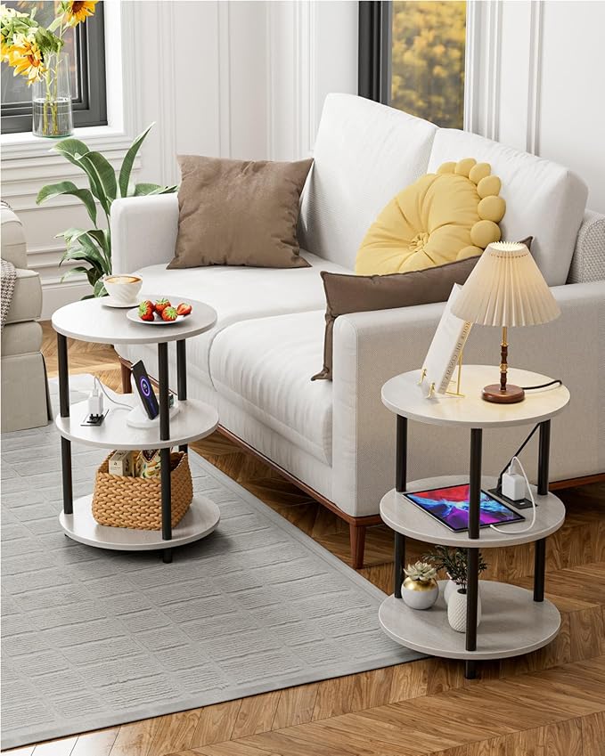 Small Round End Table - 3 Tier Design Accent Table, Narrow Side or Bedside Stand, Industrial Vintage Table for Small Spaces, Built-in USB Ports and Power Outlet, Greige