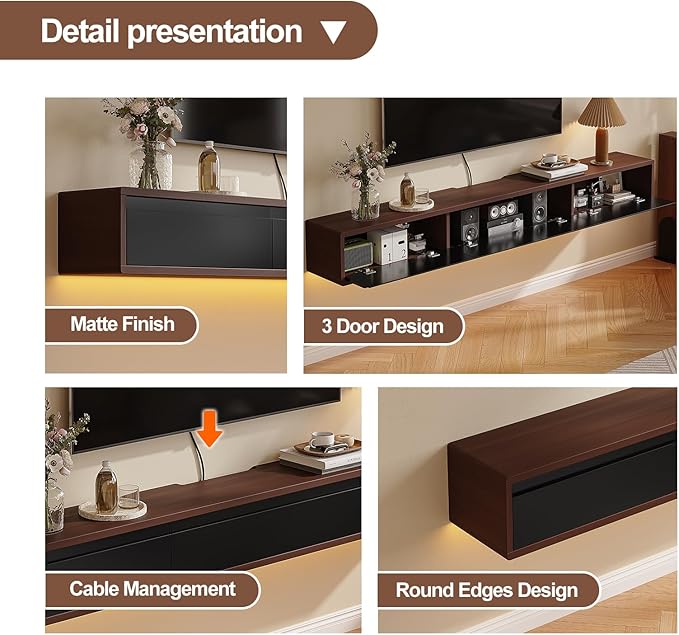 Floating TV Stand Matte Finish, 55'' Wall-Mounted TV Cabinet,Floating TV Console,Under TV Shelf with 3 Doors for Living Room Bedroom(Walnut+Black)