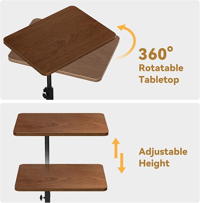 NiHome Minimalist Height Adjustable End Table, 360° Rotatable Sofa Armrest Side Tray Table, Adjustable Legs Space-Saving Couch Bedside Bathtub TV Tray C-Shaped End Table Snack Table for Eating (Brown)