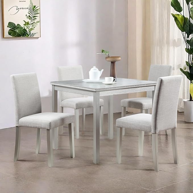 Dining Table Set for 4, 5-Piece Kitchen Table & Chairs Set with Versatile Square Table & 4 Upholstered Chairs, 34.5'' Dinner Set with Crystal Decorations & Wood Grain Design, Silver Gray