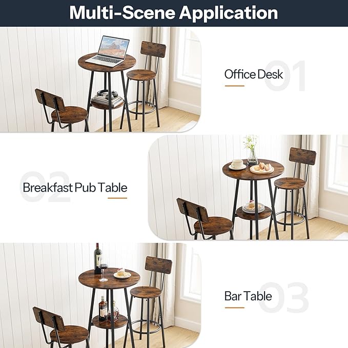 HOOBRO 3 Pieces Round Bar Height Table and Chairs Set, Round Dining Table Set, Pub Table and Chairs for Small Space, 2 Tier Kitchen Table and Bar Stools with Back, Rustic Brown BF35BT01