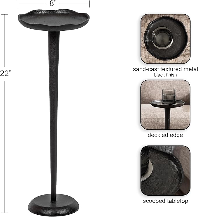 Kate and Laurel Alessia Modern Decorative Metal Drink Table; 8 x 8 x 22; Black; Round Cast Aluminum Pedestal Plant Stand with Rough Texture and Deckled Edge