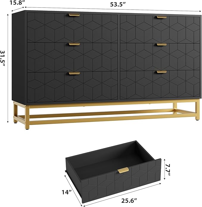Dresser for Bedroom, 53.5" Large Dresser Organizer, 6 Drawer with Golden Metal Handle and Legs, Modern Chest of Drawers, Black Dressers with Drawers for Closet, Hallway, Living Room, Entryway