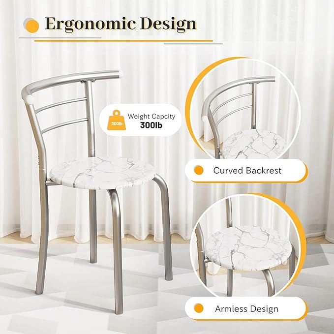 Shahoo 3-Piece Wooden Dining Table Set, Kitchen Breakfast Nook Sets with 2 Chairs & Round Tabletop, Space Saving Furniture Metal Frame and Built-in Wine Rack, Marble White