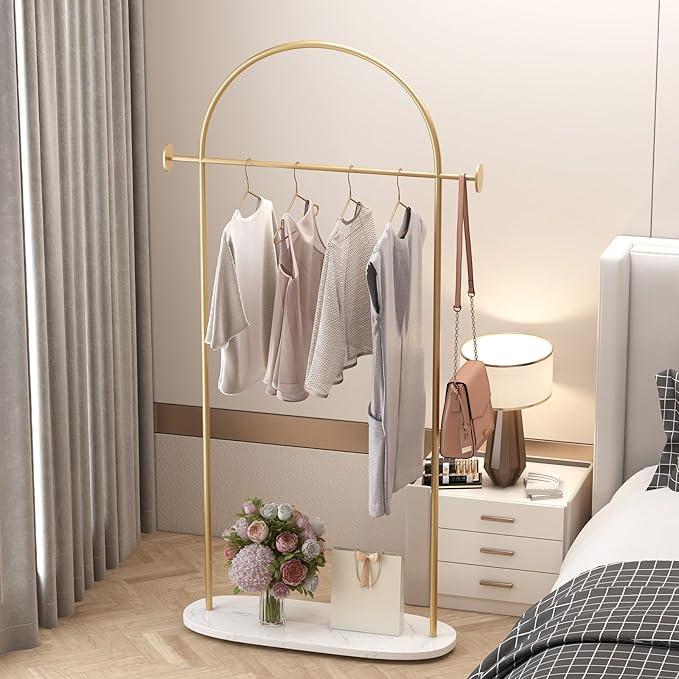 Gold Clothing Rack, Modern Clothes Rack with Shelf, Heavy Duty Freestanding Coat Rack, Metal Coat Hanger Stand with Hooks for Boutique Office