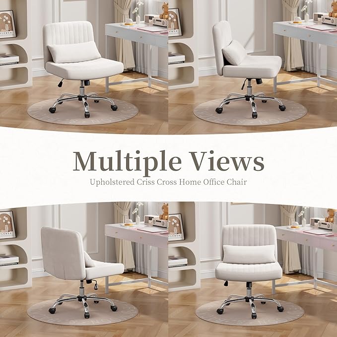 Warmiehomy Criss Cross Office Chair with Wheels, Velvet Cross-Legged Desk Chairs for Home, Height Adjustable Swivel Wide Seat Computer Chair, Modern Armless Vanity Chair for Girls Women, White