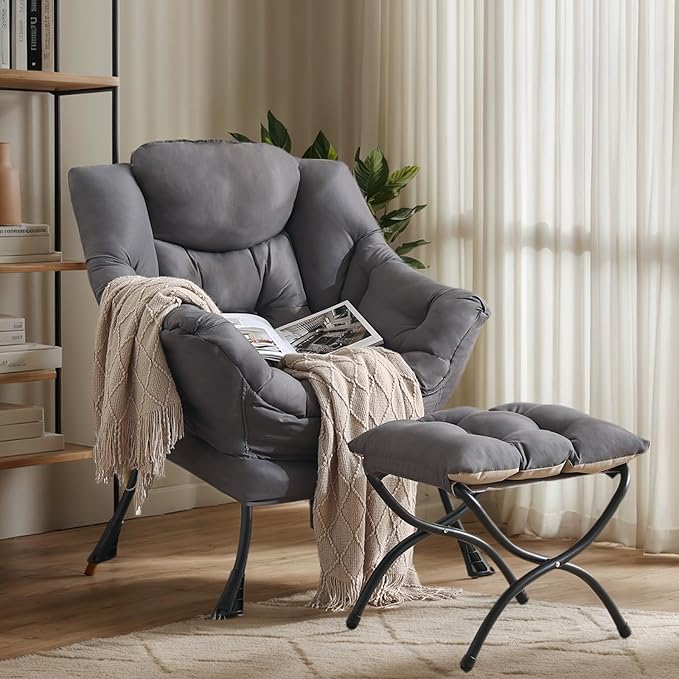 Lazy Chair with Ottoman, Reading Armchair with Armrests and Footrest, Large Modern Lounge Accent Chair with Ottoman, Leisure Sofa Chair for Living Room, Bedroom, Dorm Room (Dark Grey)