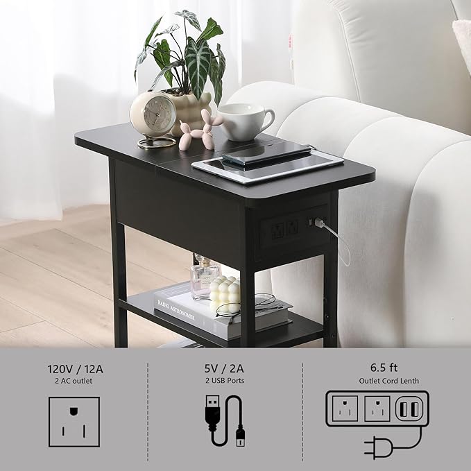 Modern End Table with Charging Station, Narrow Side Table with USB Ports & Outlets, Flip-Top Nightstand with Storage Shelf, Small Bedside Table for Living Room, Bedroom, Small Space, Black