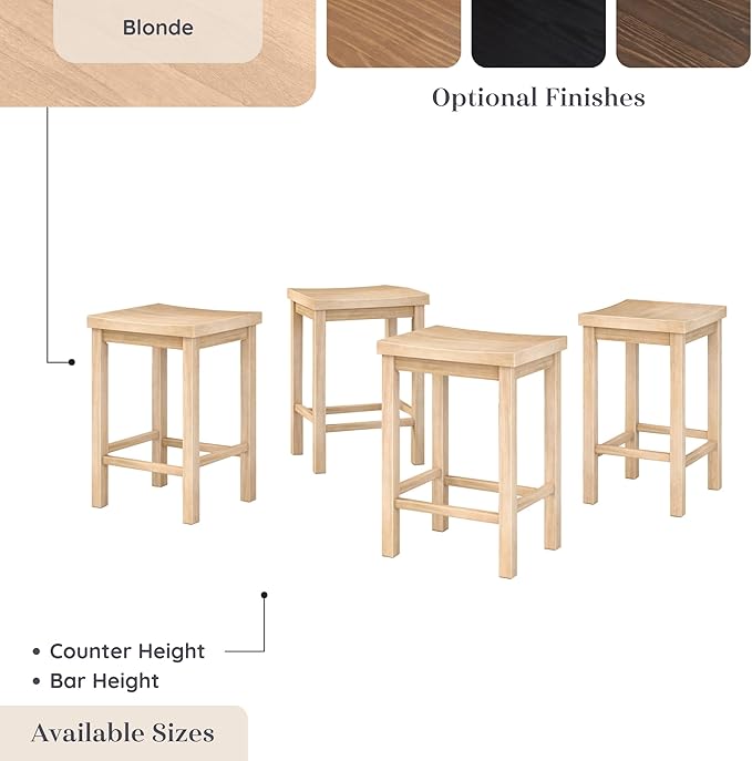 Grain & Grove Smith Collection Set of 4 Solid Wood Counter Height Bar Stools, 24-Inch Saddle Seat Backless Stools, Ideal for Kitchen Island, Dining, or Home Bar Seating, Blonde