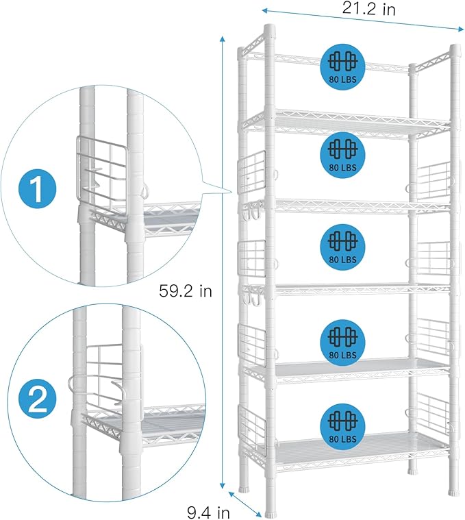Metal Storage Rack, Storage Organizer Shelves for Kitchen, Bathroom, Living Room, Balcony and Garage, 5 Tiers Narrow Bookshelf, 21.2" W x 9.4" D x 59.2" H, Load 400lbs, White
