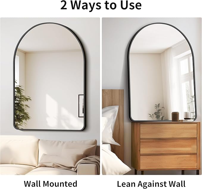 FORBATH Arched Mirror 32x48 Inch, Bathroom Mirror Wall Mounted Modern Black Aluminum Alloy Frame Decor Large Dresser Mirror for Bedroom Living Room Entryway, Hanging or Leaning Against Wall